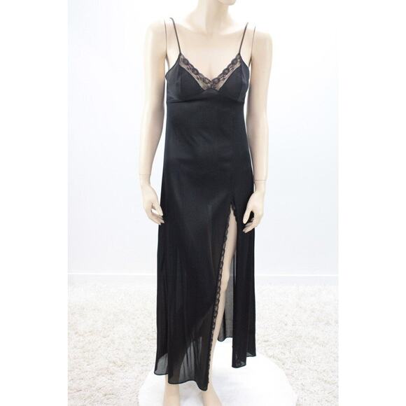 Vintage Lady Cameo Long Slinky Nightgown Small Black Nylon High Slit USA Y2K - Picture 1 of 12